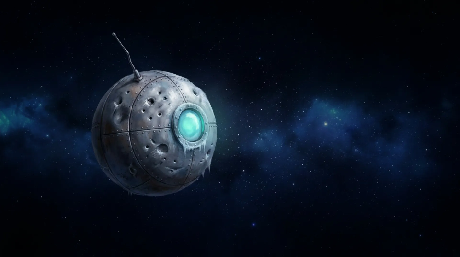 A small round riveted capsule, pitted by micrometeorites, drifts alone through dark space. A single porthole glows blue-green from within. One bent antenna.