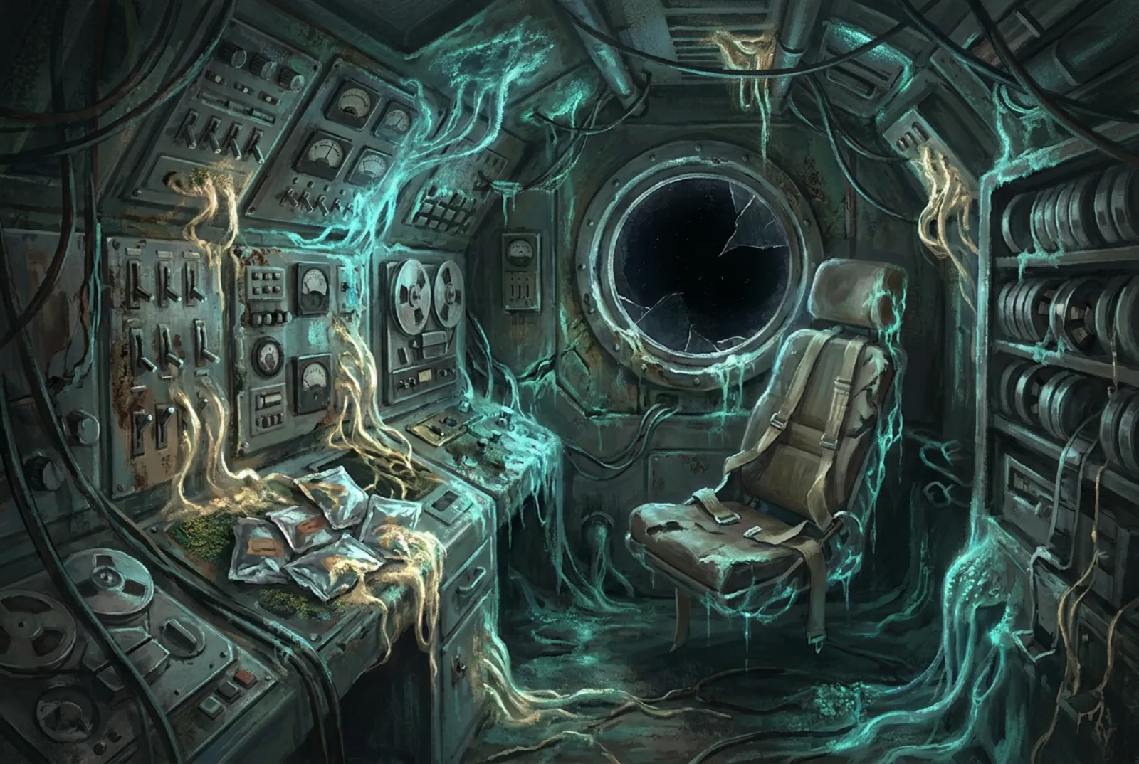 The capsule interior, overgrown with glowing blue-green and pale gold filaments woven through switches, dials and tape decks. A cracked round porthole shows black space. An empty seat with loose straps. Foil food packets on the console are covered in growth.